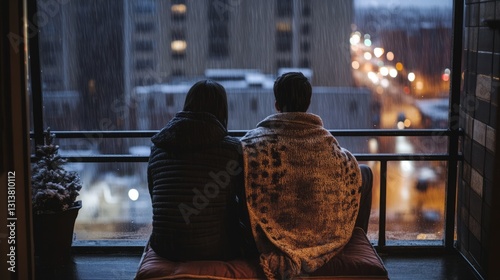 Couple sitting on a balcony, wrapped in a shared blanket, watching the rain fall