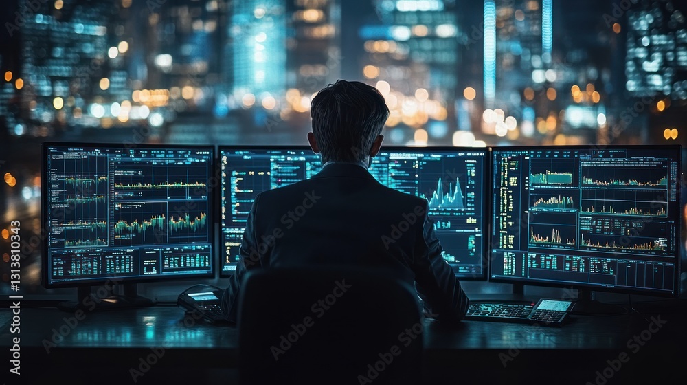 Trader analyzes data, city night view, financial market, stock trading Trader analyzes data, city night view, financial market, stock trading