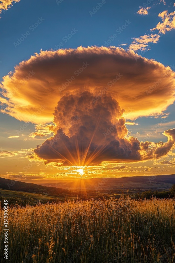Fototapeta premium A beautiful sunset scene with the sun hiding behind a cloud, great for use in travel or nature themed projects