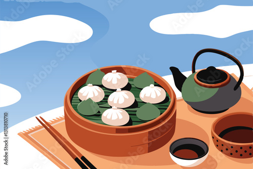A meticulously crafted image depicting a tall stack of steaming, plump dumplings nestled within a traditional bamboo steamer.  Highlight the texture and detail.