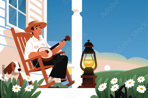A weathered banjo player serenades the twilight from a rustic porch swing, bathed in warm, golden light.