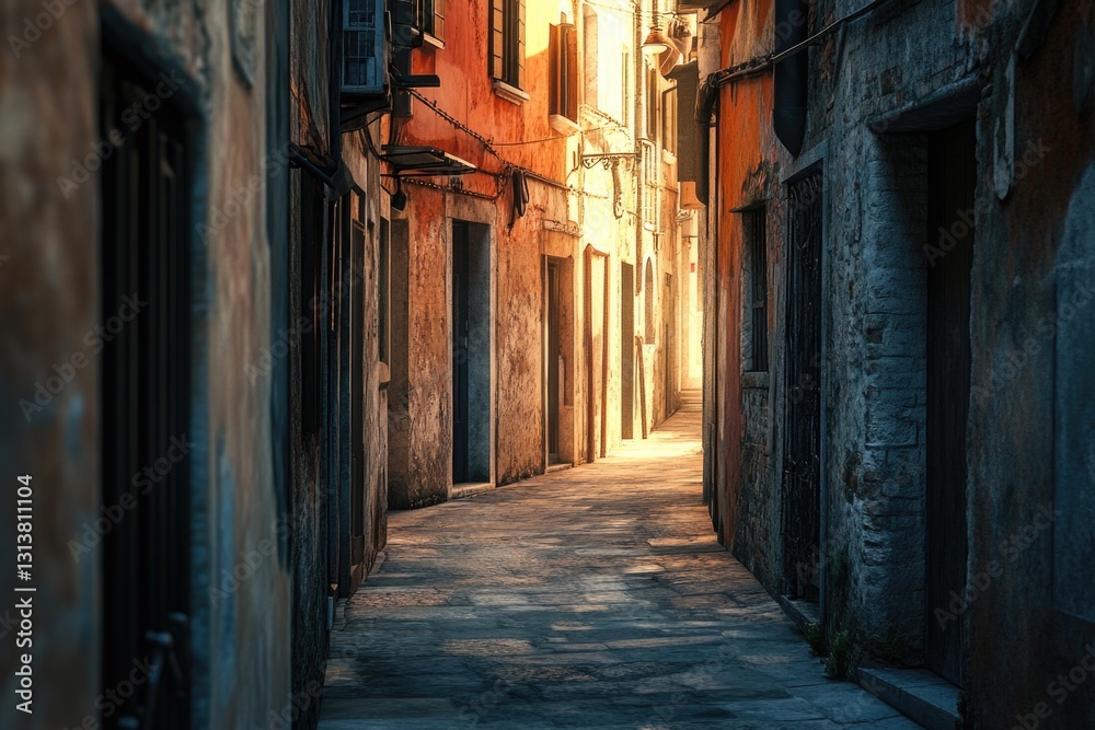 Fototapeta premium A narrow alley with a light shining through the windows, suggesting an intimate or cozy atmosphere