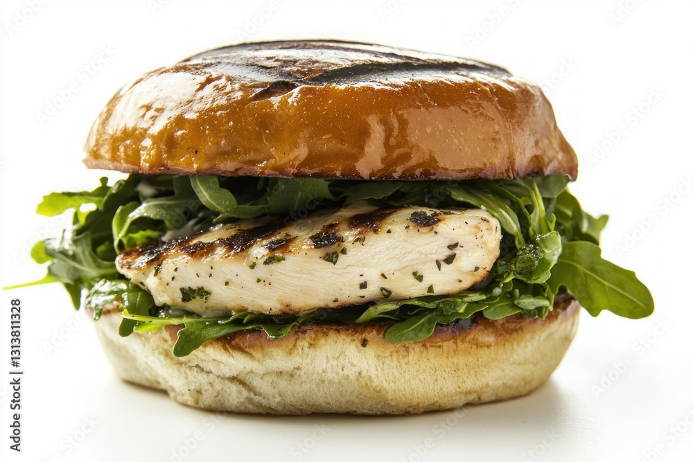Grilled Chicken Sandwich Fresh Arugula on Brioche Bun Culinary Delight Close Up Food Photography Grilled Chicken Sandwich Fresh Arugula on Brioche Bun Culinary Delight Close Up Food Photography