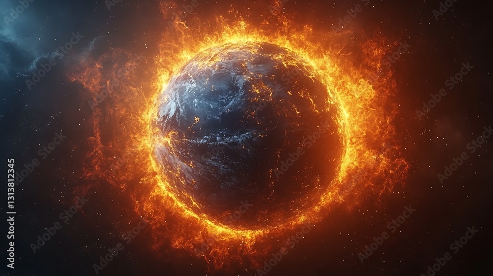 Naklejka premium A fiery earth surrounded by flames representing the catastrophic impact of climate change