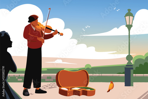 A skilled street musician, violin in hand, performs on a sun-drenched cobblestone street, captivating passersby.