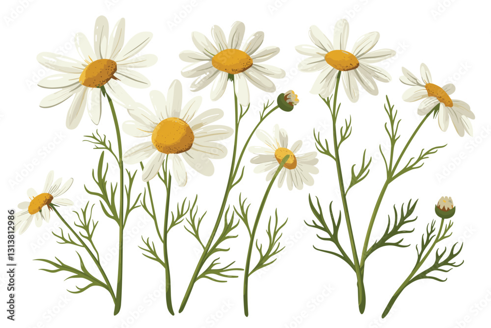 Fototapeta premium Vector colorful illustration of hand drawn chamomile isolated on white background. Design for herbal products 