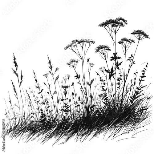 Line art drawing of meadow nature landscape ink sketch vector hand drawn illustration background, endless horizon: a meadow's embrace