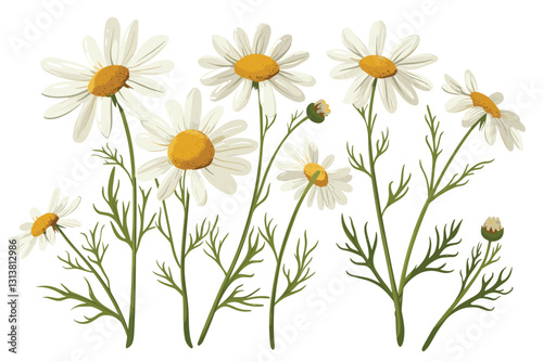 Vector colorful illustration of hand drawn chamomile isolated on white background. Design for herbal products
