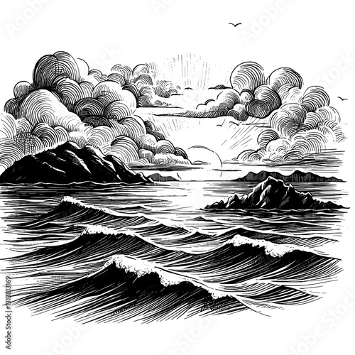 Line art drawing of ocean nature landscape ink sketch vector hand drawn illustration background, serenity in motion