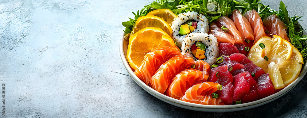 Sushi platter, salmon, tuna, maki Sushi platter, salmon, tuna, maki