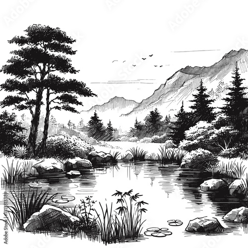 Line art drawing of pond nature landscape ink sketch vector hand drawn illustration background, a pond framed by fallen leaves