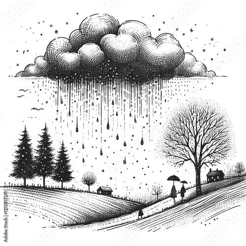 Line art drawing of rain season nature landscape ink sketch vector hand drawn illustration background, serenity in the storm