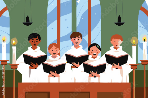 A radiant choir, voices harmonizing, bathed in ethereal golden light, creating a celestial glow.  Detailed, realistic depiction.