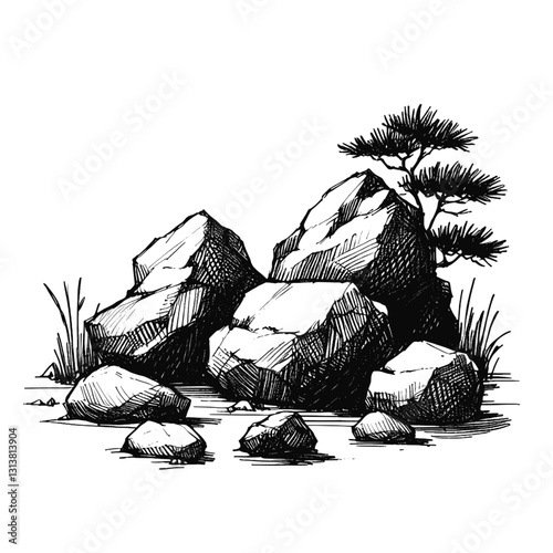 Line art drawing of rocks nature landscape ink sketch vector hand drawn illustration background, textures of time: weathered rock surfaces
