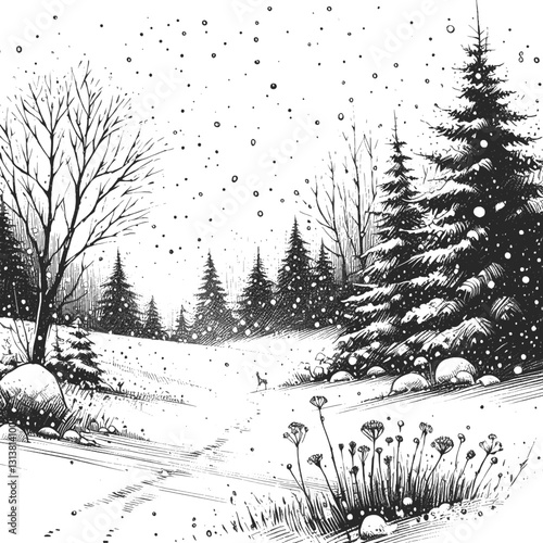 Line art drawing of snow winter nature landscape ink sketch vector hand drawn illustration background, arctic elegance: snowy peaks and valleys