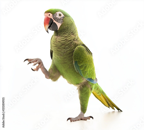 Green parrot  standing on one leg with its foot raised, isolated on a white background