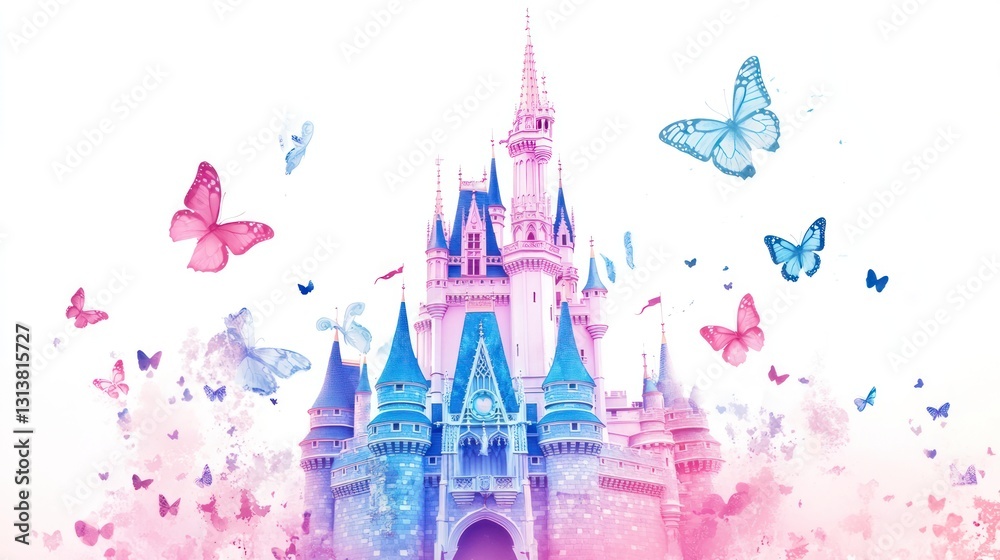 Fototapeta premium Magical castle, pastel butterflies, fantasy, fairytale, dreamlike background, ideal for children's books