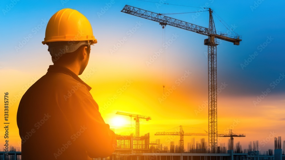 Construction Worker at Sunset: A Silhouette of Progress Construction Worker at Sunset: A Silhouette of Progress