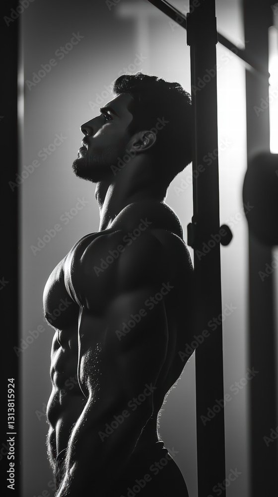Obraz premium Muscular Fitness and Strength: A monochromatic image of a focused athlete displays his strength and determination in a challenging workout.