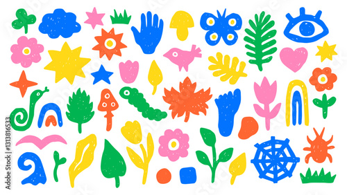 Natural Abstract Shapes Crayon Drawing Set. Chalk drawn colorful silhouettes. Nature Childish Elements collection with insects flowers Leaves. Vector illustration