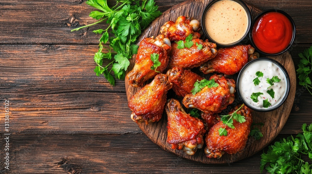 Delicious chicken wings with assorted sauces served on wooden board against rustic dark wood background Delicious chicken wings with assorted sauces served on wooden board against rustic dark wood background