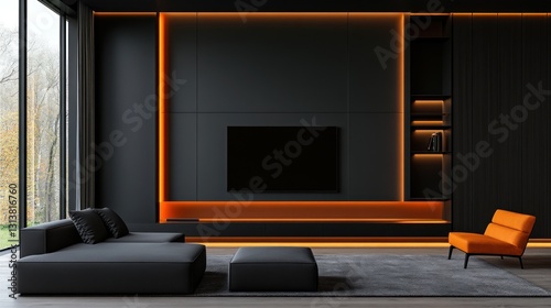 Modern Dark Living Room Interior Design with Orange Accents