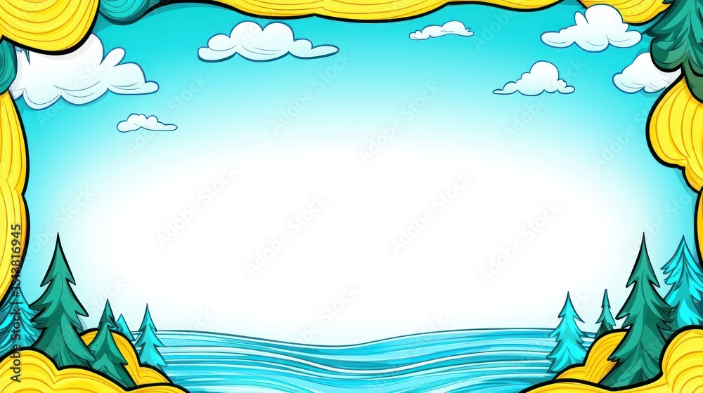 Cartoon scene river flowing through fir trees under cloudy sky, enclosed by wavy yellow border Cartoon scene river flowing through fir trees under cloudy sky, enclosed by wavy yellow border