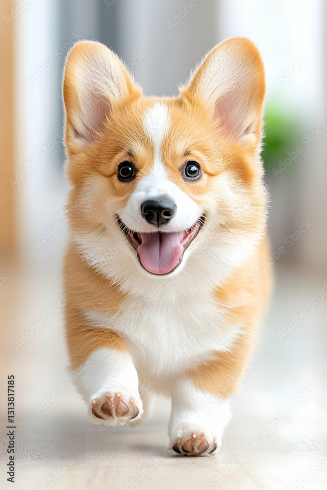 A happy, fluffy, reddish-brown and white puppy with big ears joyfully runs towards the camera A happy, fluffy, reddish-brown and white puppy with big ears joyfully runs towards the camera