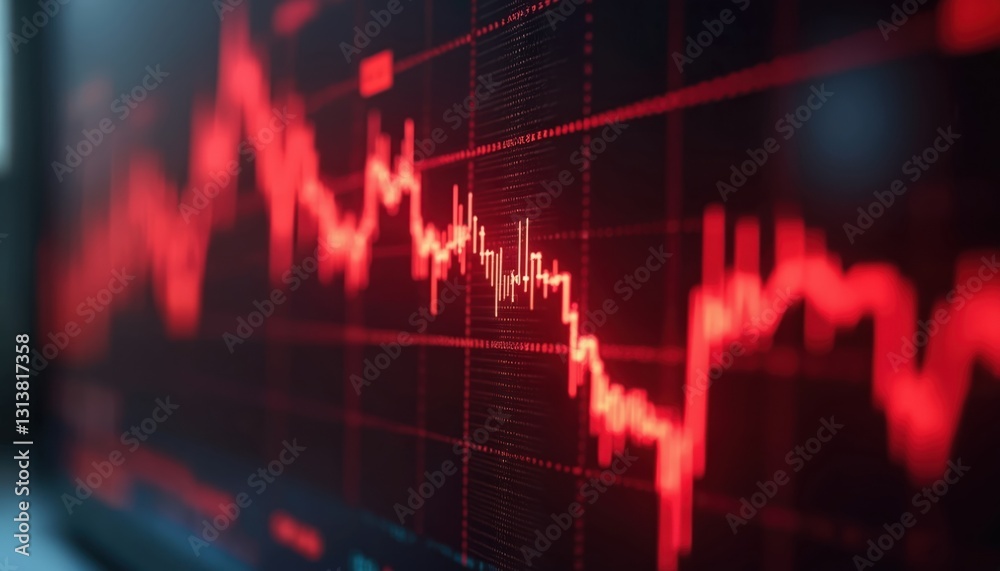 Sharp declining red stock chart details dramatic fall in values against dark background. Close-up of recession financial chart diagram. Economic crisis, investment risk, market crash, lost Sharp declining red stock chart details dramatic fall in values against dark background. Close-up of recession financial chart diagram. Economic crisis, investment risk, market crash, lost