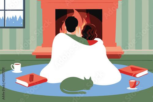 A loving couple cuddles intimately on a plush, thick rug beside a large, crackling fireplace, enjoying warmth and closeness.