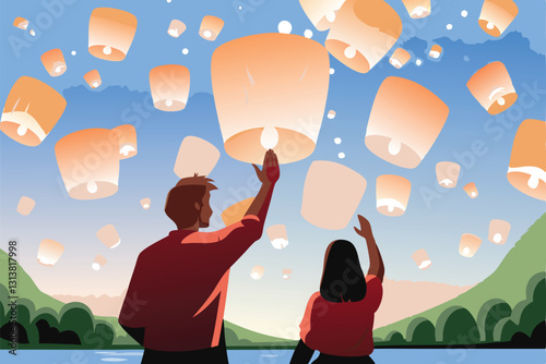 A romantic couple releases a glowing sky lantern under a breathtaking starry night sky, showcasing the beauty of shared moments.