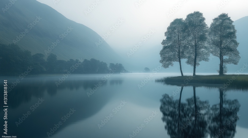 Misty lake, trees reflected, tranquil valley, dawn scene, nature calm Misty lake, trees reflected, tranquil valley, dawn scene, nature calm