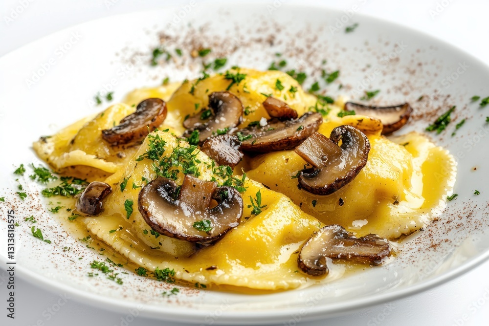 Delicious ravioli with sautéed mushrooms and parsley on a white plate a culinary delight closeup shot Delicious ravioli with sautéed mushrooms and parsley on a white plate a culinary delight closeup shot