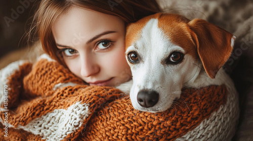 Heartwarming bond between a woman and her dog in a warm embrace sharing a knitted blanket
