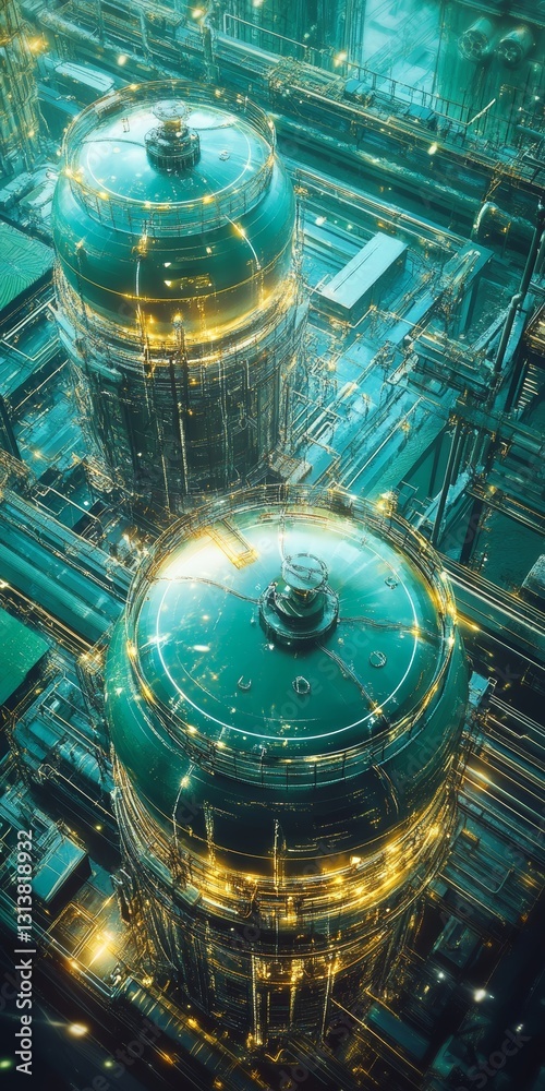 Obraz premium Stunning aerial view of futuristic high-tech tanks surrounded by intricate industrial infrastructure. The image captures the essence of advanced machinery and design.