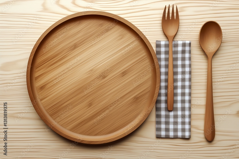 top view of empty round wooden plate with spoonand fork on wood table top view of empty round wooden plate with spoonand fork on wood table