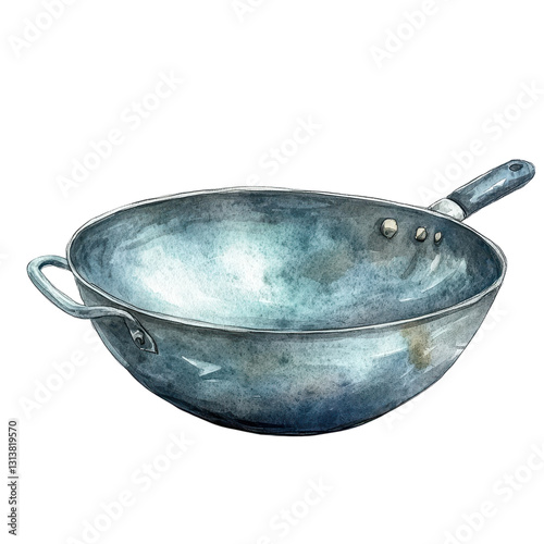watercolor illustration Wok with a metallic finish and handle. on transparent cutout, PNG file