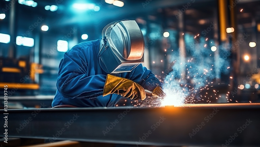 Image of an industrial worker welding in a factory, with a light background, focused on the person and sparks flying around them. Image of an industrial worker welding in a factory, with a light background, focused on the person and sparks flying around them.