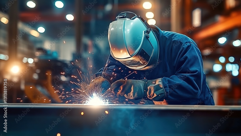Image of an industrial worker welding in a factory, with a light background, focused on the person and sparks flying around them. Image of an industrial worker welding in a factory, with a light background, focused on the person and sparks flying around them.