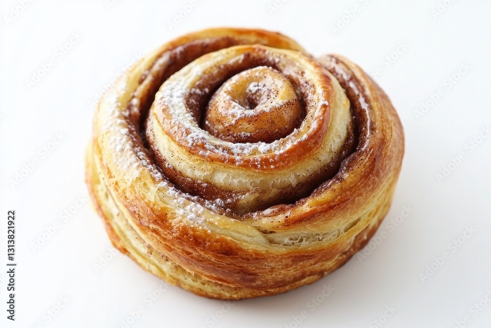 Delicious cinnamon swirl pastry with powdered sugar on a clean bright background food photography style Delicious cinnamon swirl pastry with powdered sugar on a clean bright background food photography style