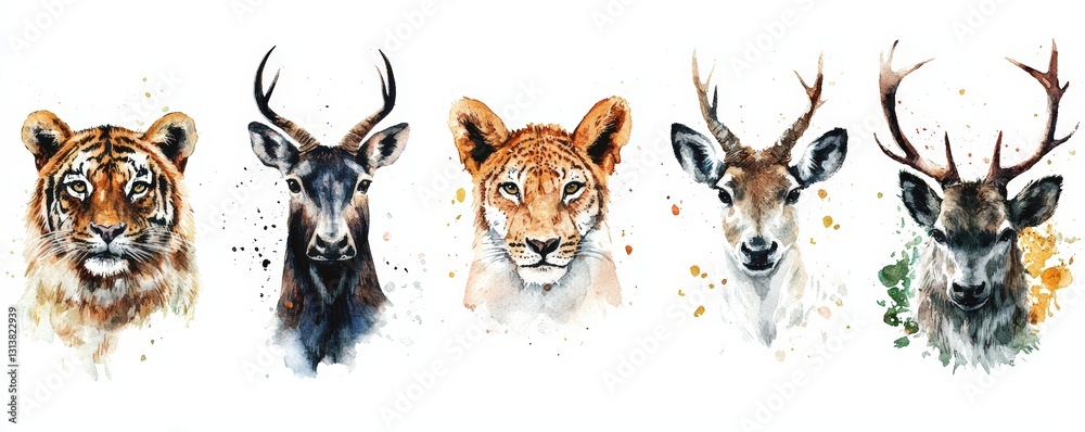 A vibrant watercolor illustration featuring a tiger, deer, lion, and various deer species, showcasing wildlife beauty. A vibrant watercolor illustration featuring a tiger, deer, lion, and various deer species, showcasing wildlife beauty.