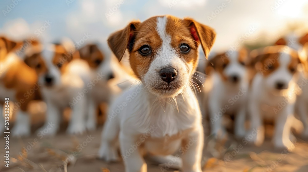 A curious puppy stands in front of a group of other playful puppies during golden hour. A curious puppy stands in front of a group of other playful puppies during golden hour.