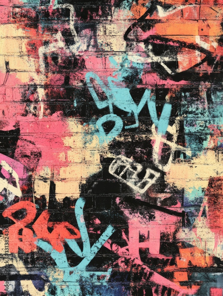 Fototapeta premium Vibrant urban graffiti on a textured brick wall in a city area