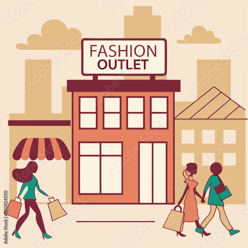 vibrant illustration of fashion outlet in urban setting, featuring people shopping with bags, storefront with sign, and cityscape background