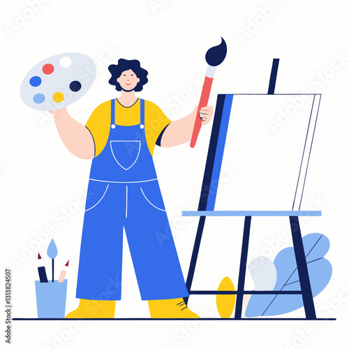 artist joyfully holding paintbrush and palette stands beside blank canvas on easel, ready to create. scene is colorful and creative, with art supplies nearby