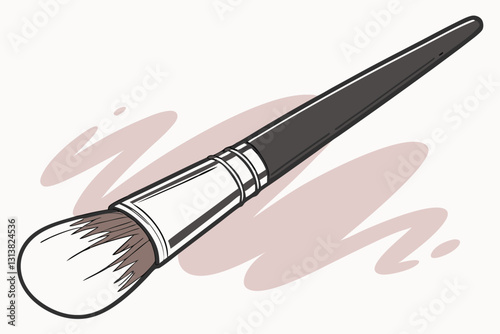 digital illustration of makeup brush with black handle and soft bristles, set against light pink abstract background, conveying stylish and artistic vibe