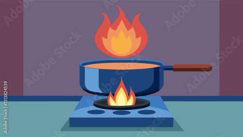 The hissing sound of the natural gas flame fills the air as it heats a pot of soup on the stove.. Vector illustration