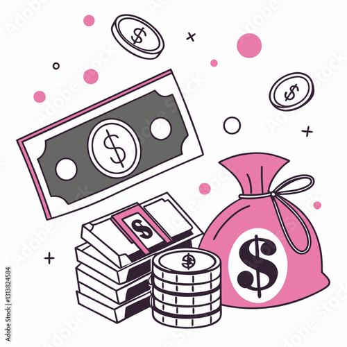 colorful illustration of money related elements, including pink money bag, stacks of cash, coins, and floating dollar bills, symbolizing wealth, savings, or financial success