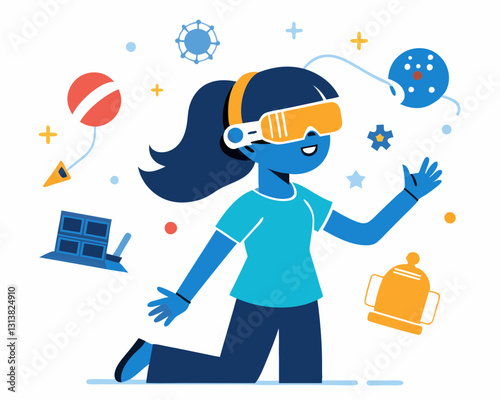 girl wearing virtual reality goggles interacts with colorful digital environment, featuring floating objects like planets, stars, and geometric shapes, symbolizing immersive technology and