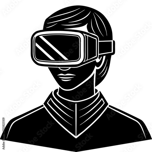 black and white illustration of person wearing virtual reality goggles, showcasing futuristic technology and innovation